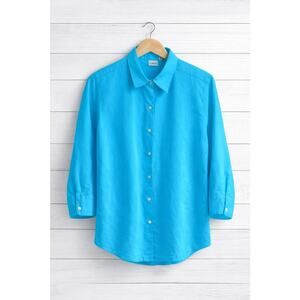 L.L. Bean Shirt L Turquoise Blue Linen Collared 3/4 Sleeve Casual Button-Up